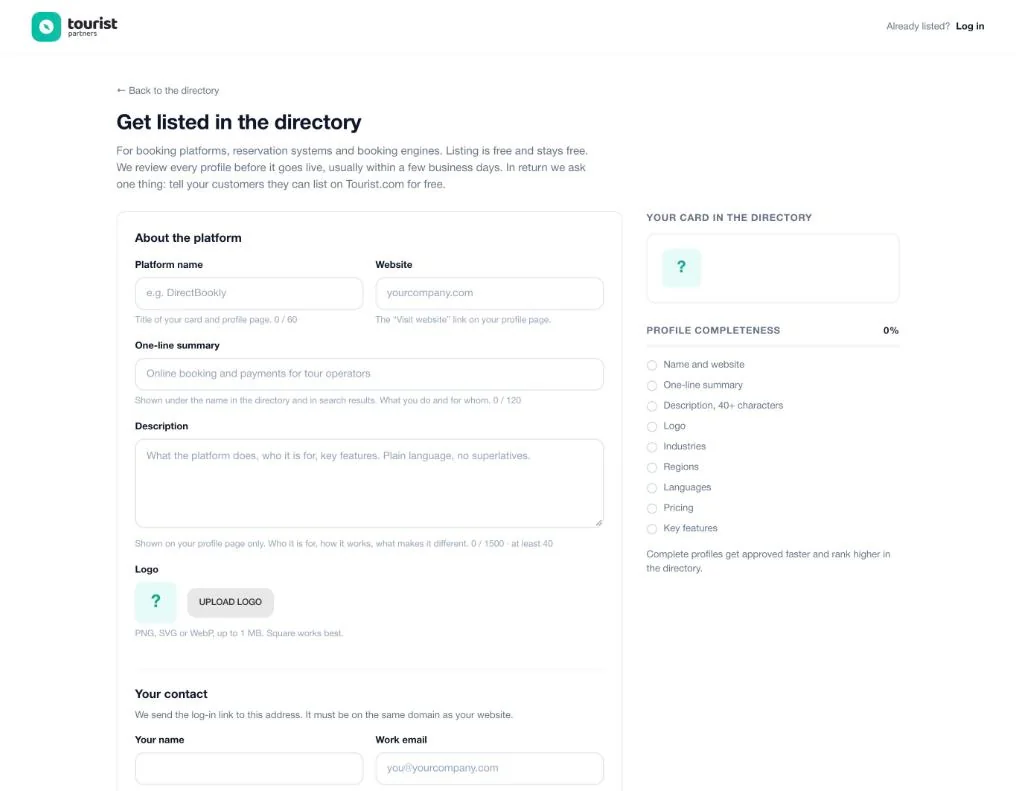 The application form: platform name, website, one-line summary, description, logo, contact and the live card preview