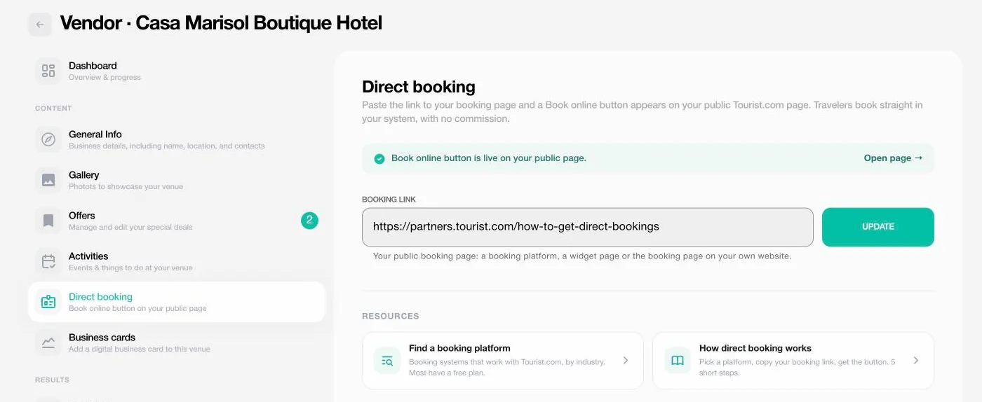 Partner dashboard, Direct booking tab: the booking link field with the Update button
