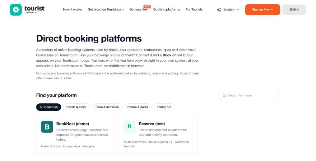 The direct booking platforms directory on partners.tourist.com with platform cards filtered by industry