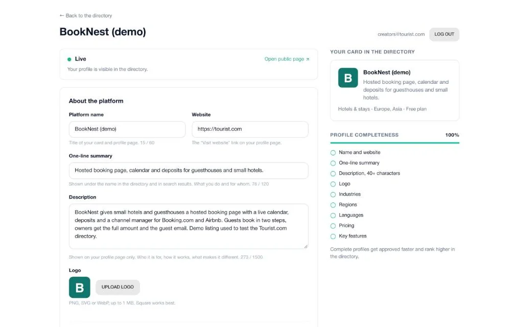 Platform dashboard: Live status, the profile form and the live card preview with profile completeness