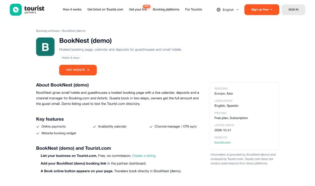 A platform page in the directory: logo, summary, Visit website button, key features, regions, languages and pricing