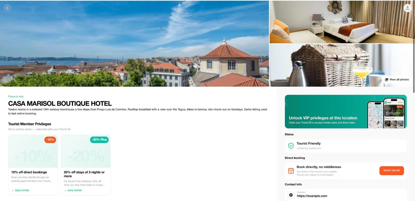 A hotel page on tourist.com with photos, offers for Tourist members and the Direct booking block in the sidebar