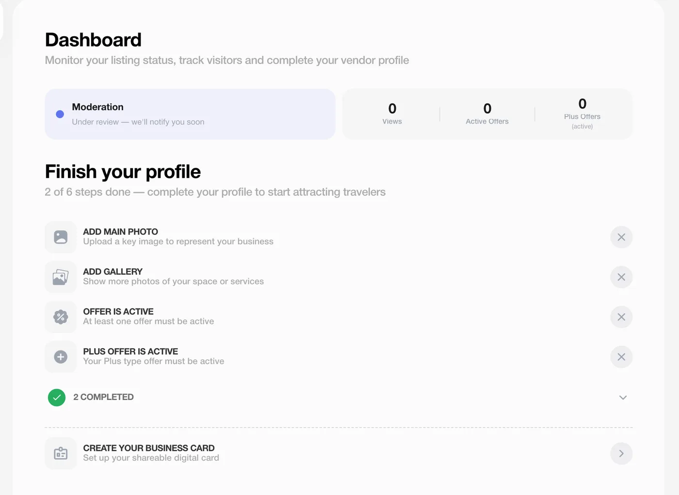 Dashboard tab: Moderation status, views and offers counters, and the Finish your profile checklist