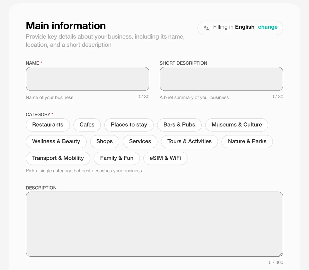 New vendor form on Tourist.com: name, short description, category chips and description