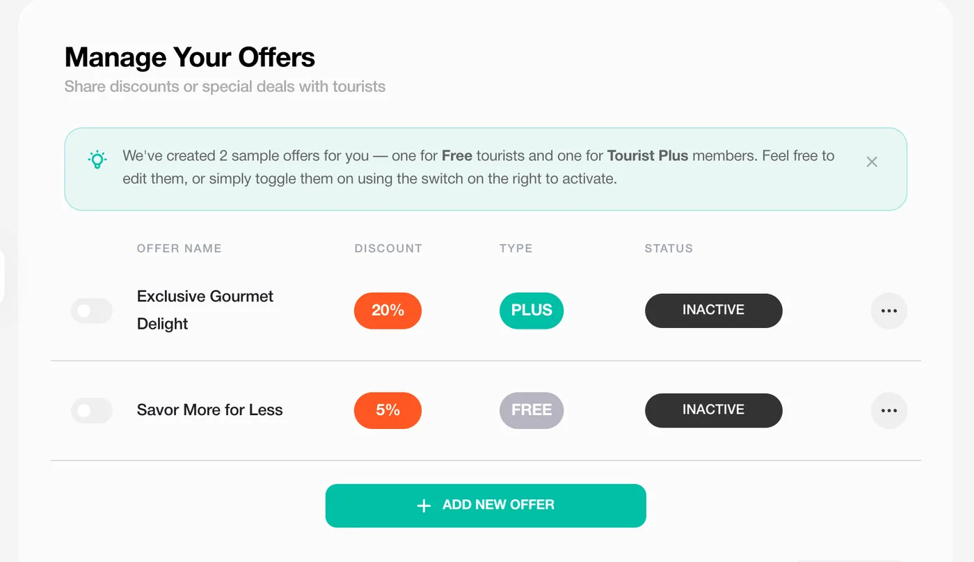 Offers tab: two sample offers, a Plus offer at 20% and a Free offer at 5%, with activation switches and an Add new offer button