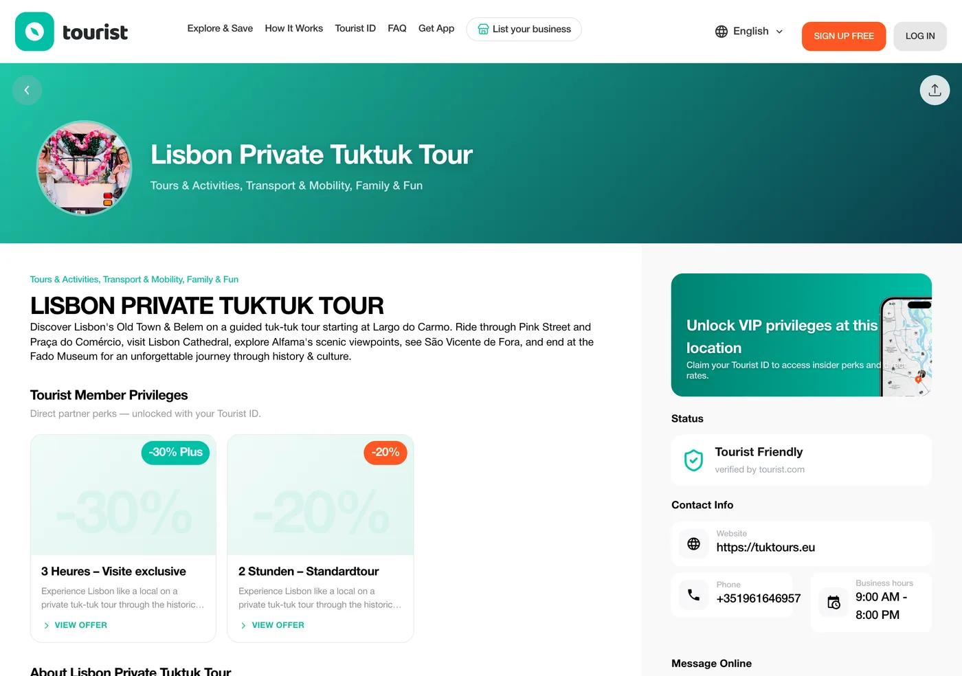 A business page on tourist.com: cover, offers for Tourist members, status, website, phone and business hours