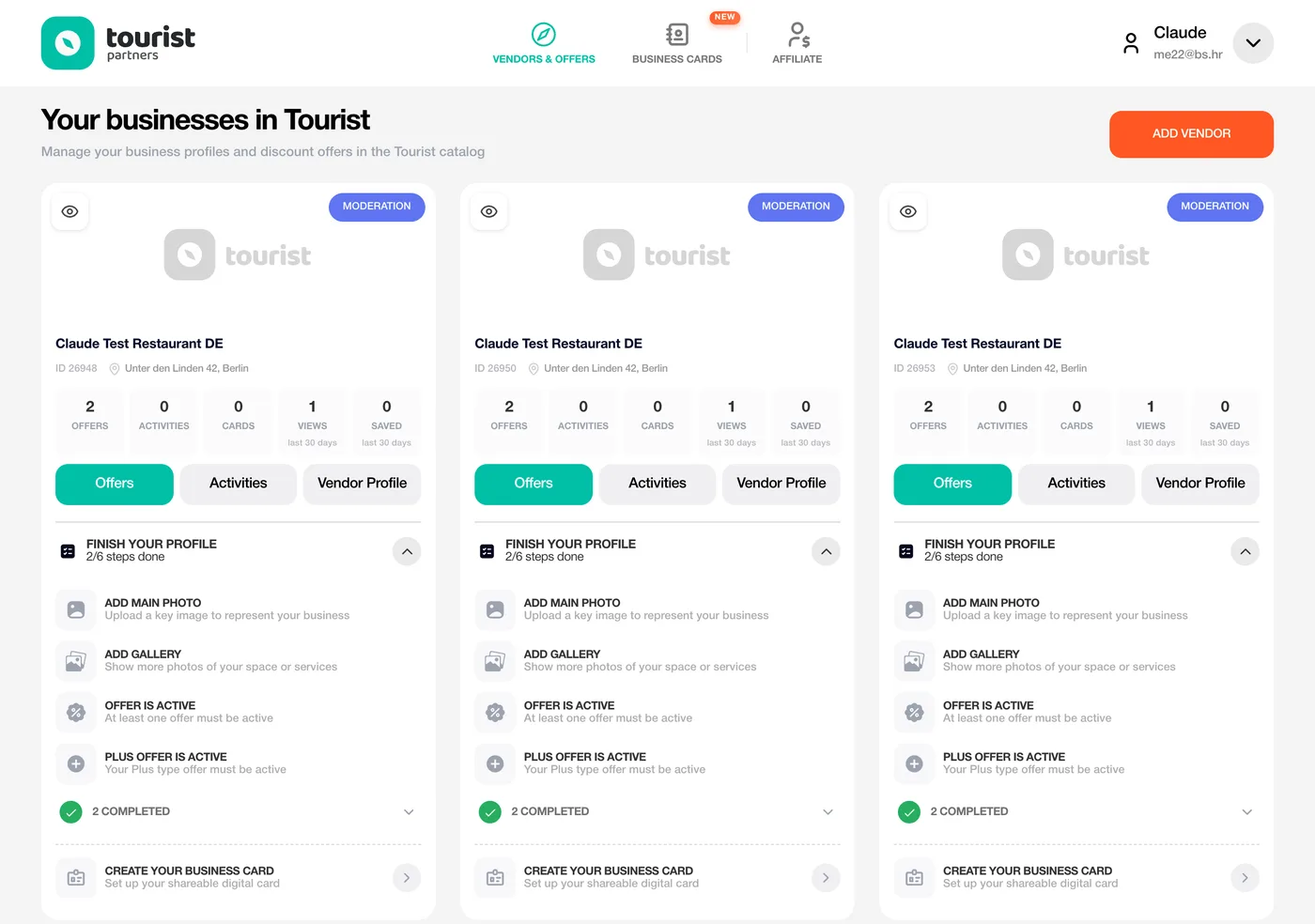 Tourist.com partner cabinet with business cards, their status, offers and a profile checklist